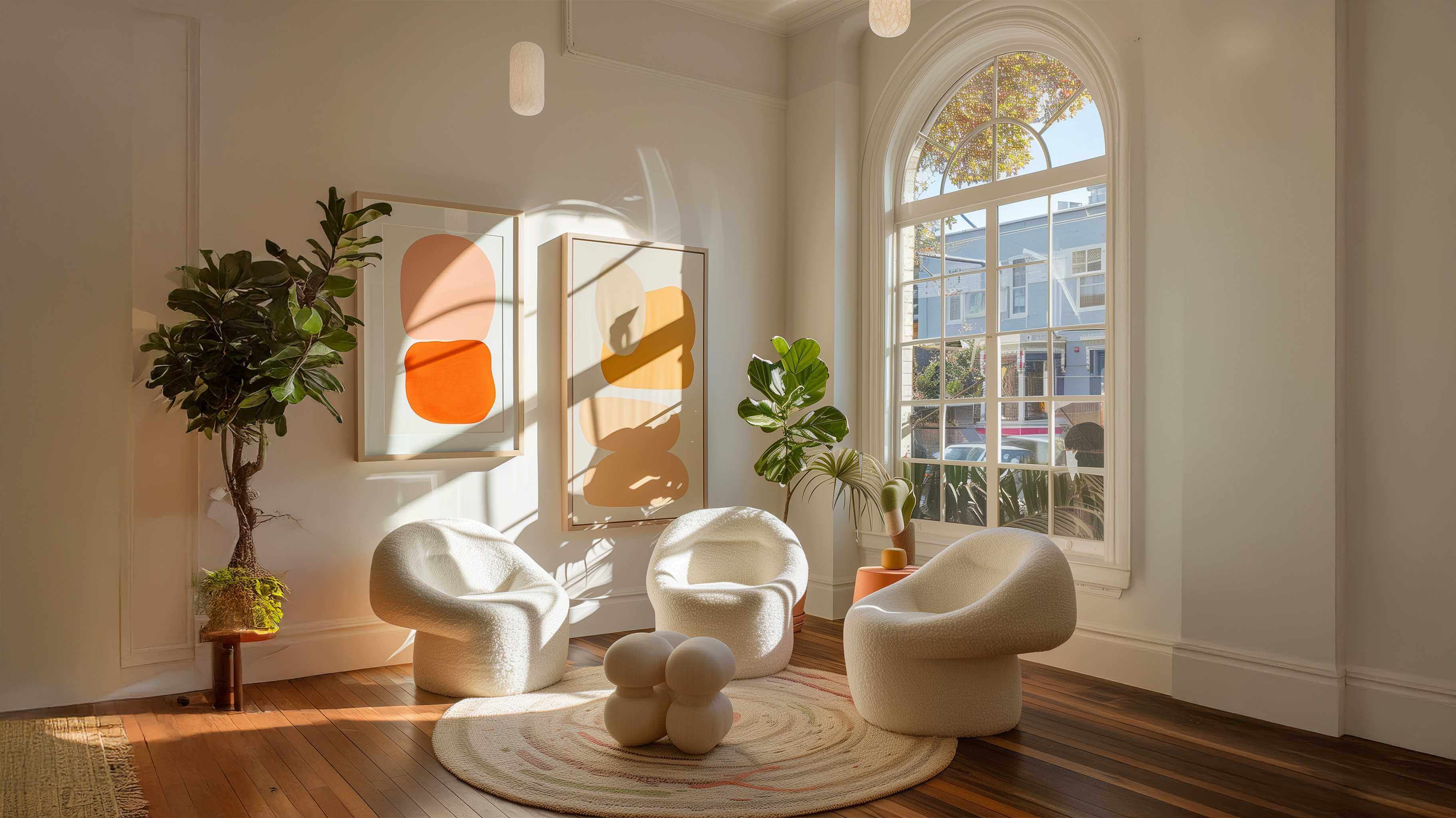 Helles Wohnzimmer mit Kunstdrucken, modernen Möbeln und Pflanzen, die eine ruhige Atmosphäre schaffen.