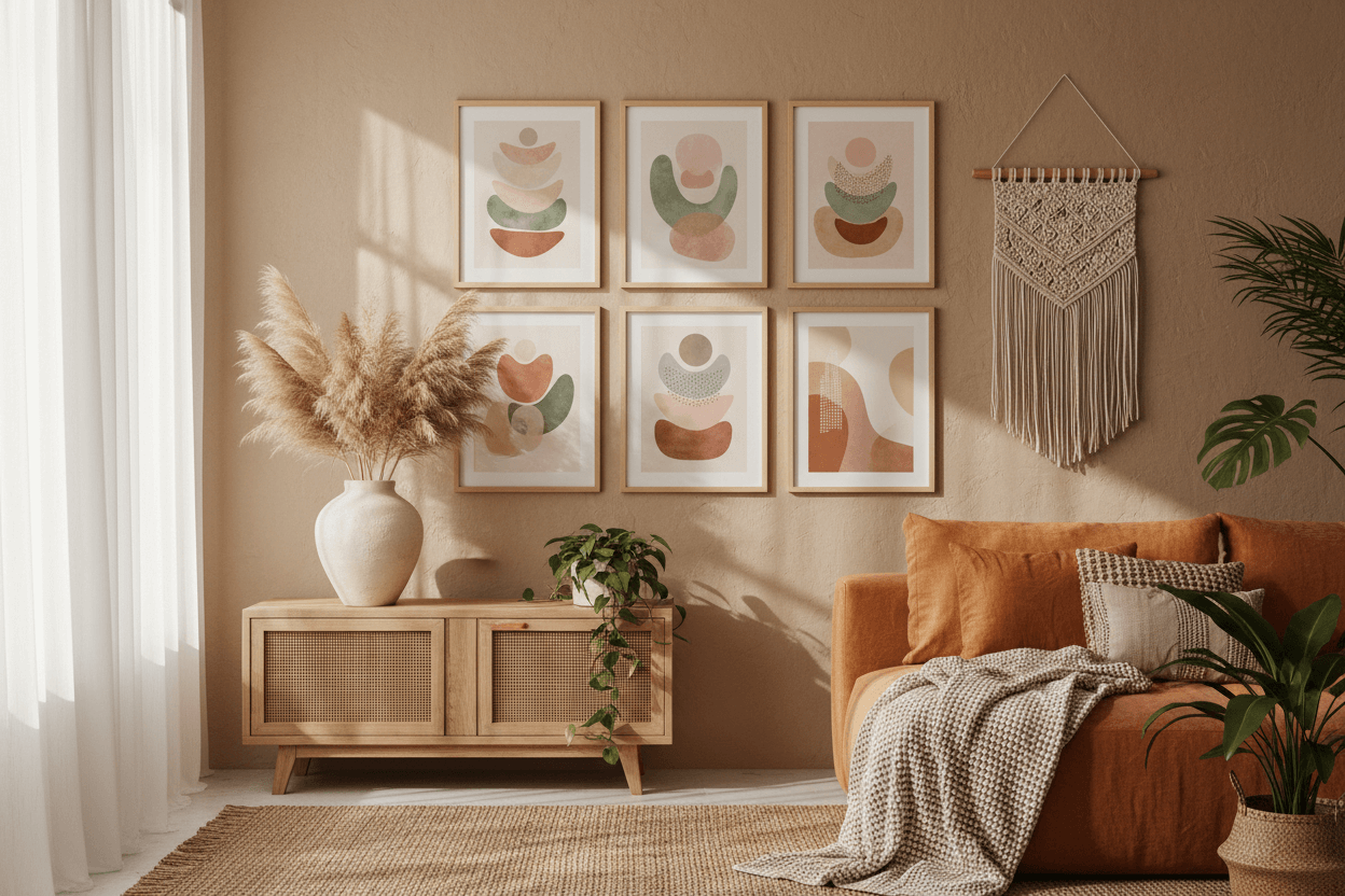 Kunstdrucke und Poster im Format A4 fachgerecht aufhängen in modernem Wohnzimmer mit Pflanzen und Möbeln.