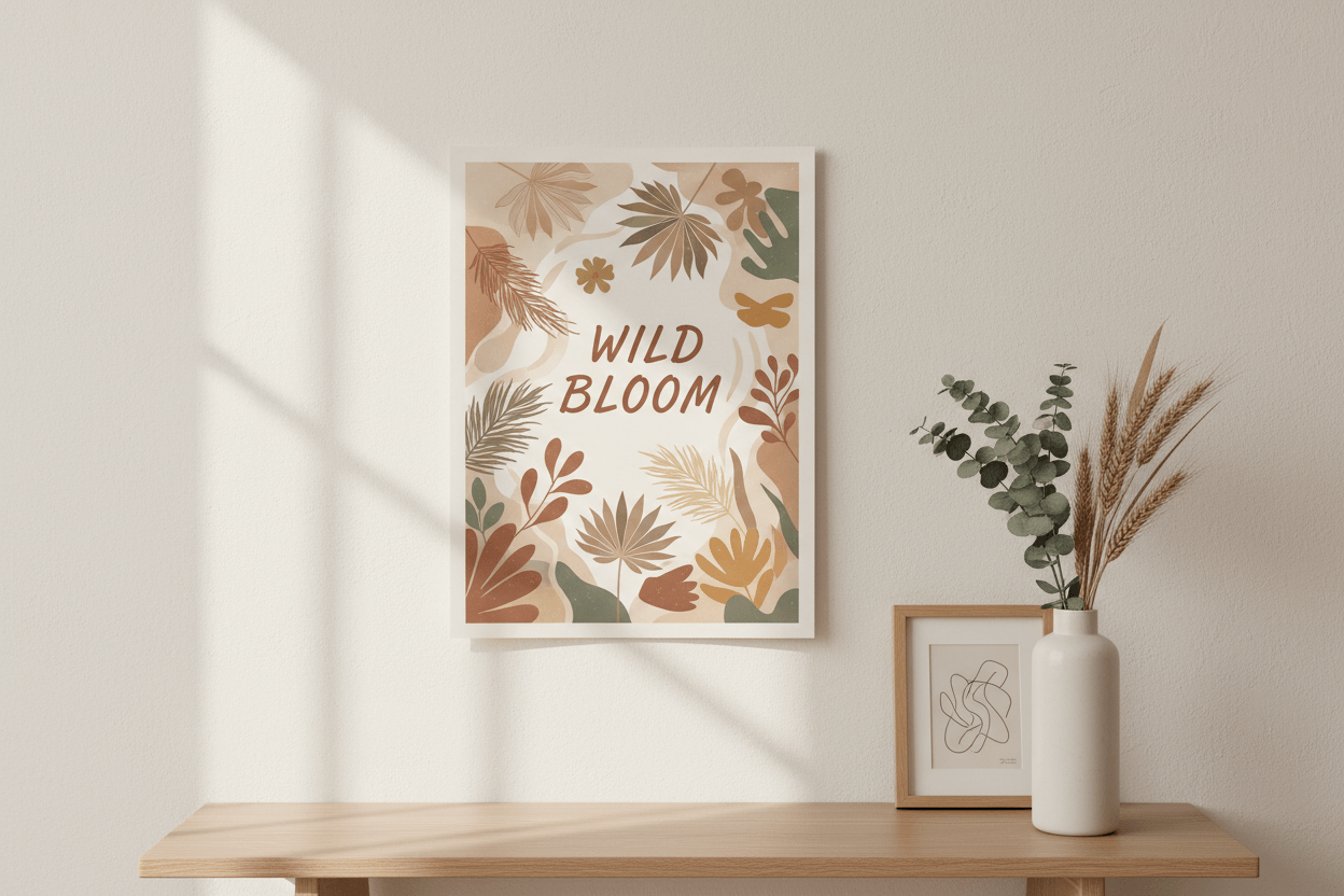 Poster im A4 Format mit dem Titel WILD BLOOM, dekorativ im Wohnbereich platziert.