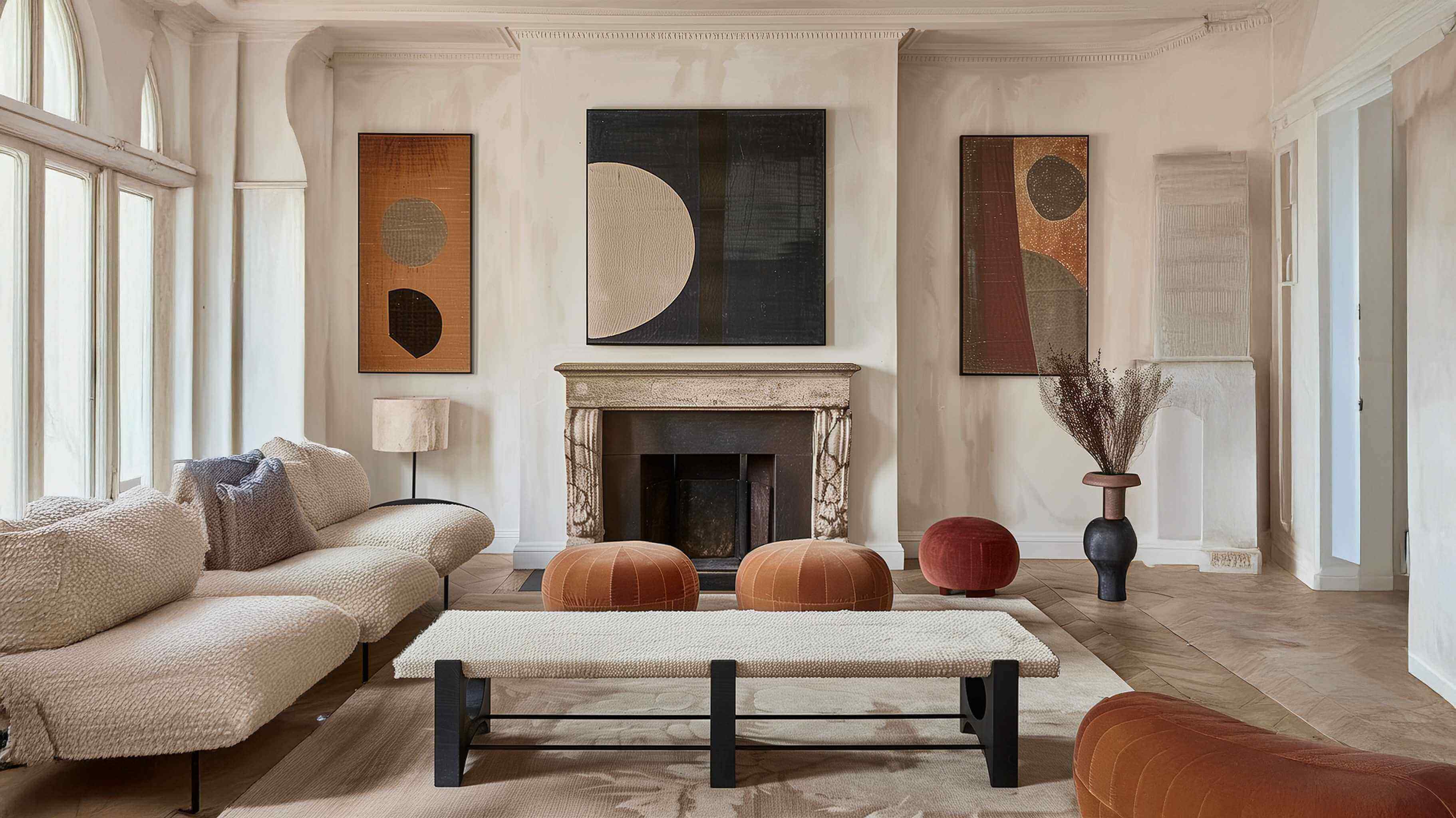 Moderner Wohnraum mit Kunstdrucken Made in Germany, stilvolles Sofa und stilvolle Möbel im minimalistischen Design.