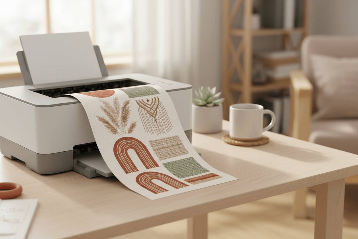 Kunstdrucke Made in Germany auf einem Drucker, bereit zum Ausdrucken für kreative Dekoration.