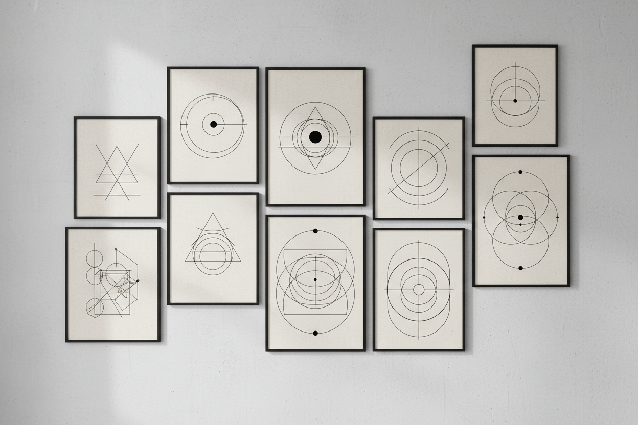 Kunstdrucke mit geometrischen Mustern an der Wand, passend zu "Welcher Kunstdruck passt zu mir".