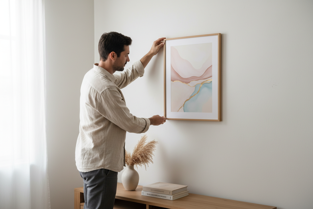 Tipps für die Pflege und Erhaltung Ihrer Kunstdrucke Made in Germany - Mann hängt Kunstdruck an die Wand.