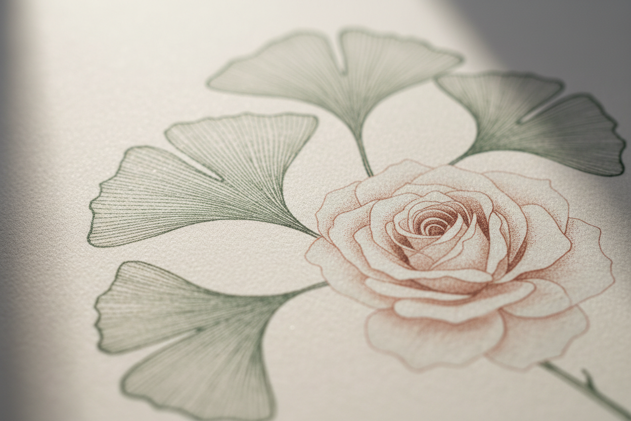 Das perfekte Material für Kunstdrucke im A4 Format: Detailaufnahme einer Rose und Ginkgo-Blätter auf hochwertigem Papier.