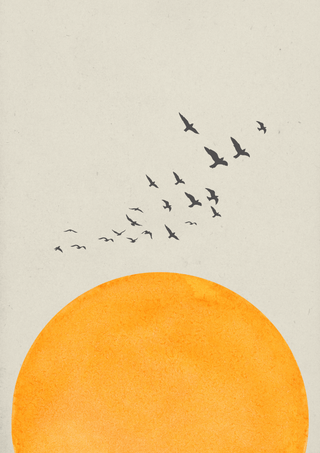Minimal Art Kunstdruck „Sonnenaufgang & Vogelflug“ mit orangefarbenem Sonnenkreis und fliegenden Vögeln.
