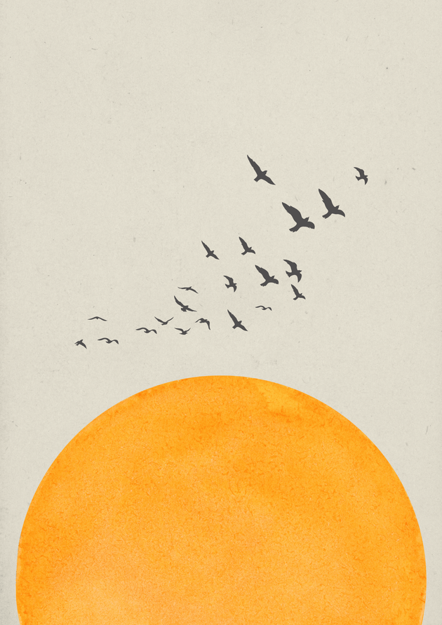 Minimal Art Kunstdruck „Sonnenaufgang & Vogelflug“ mit orangefarbenem Sonnenkreis und fliegenden Vögeln.