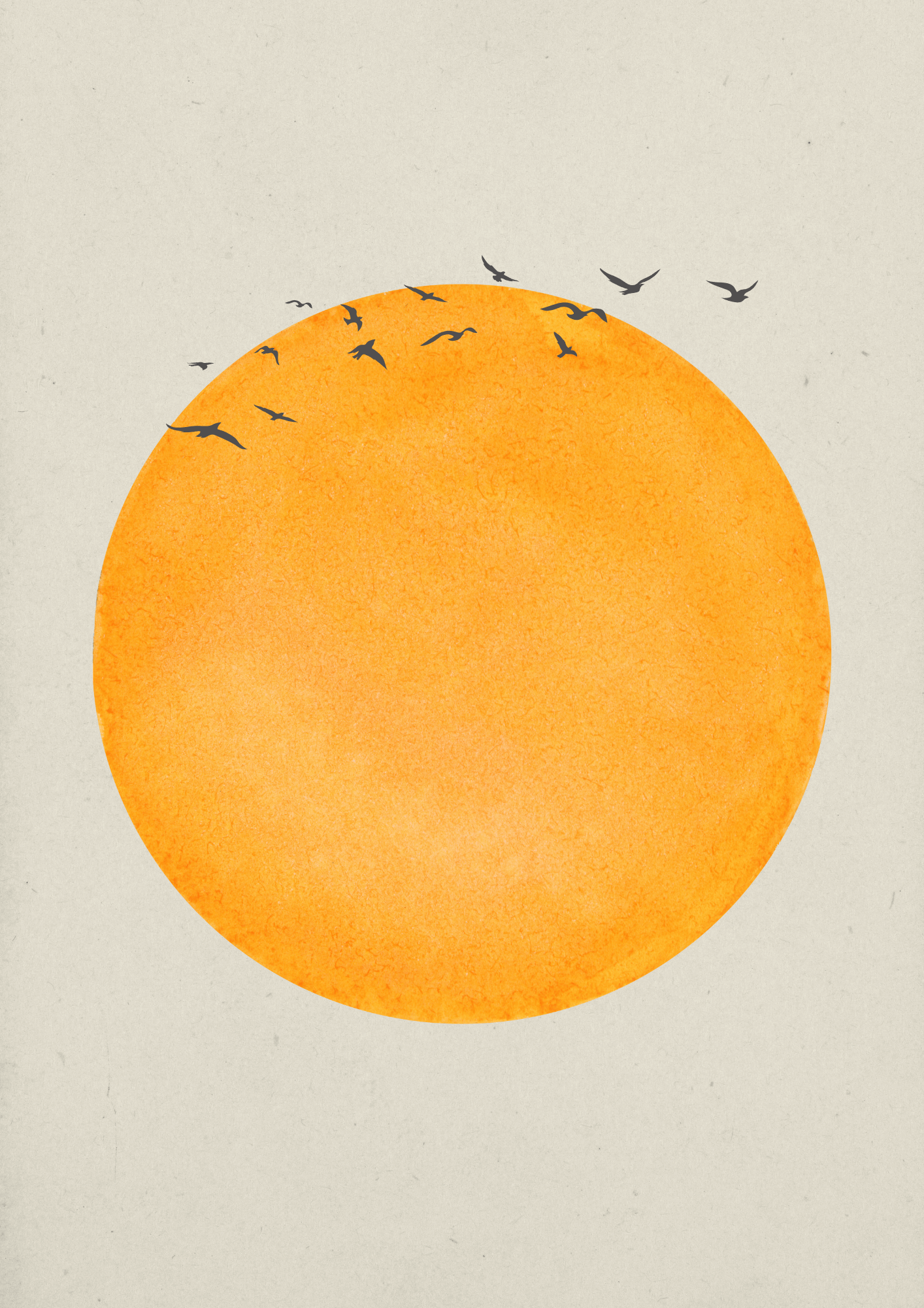 Minimalistischer Kunstdruck mit einer warmen Sonne und fliegenden Vögeln, ideal für moderne Wanddeko.