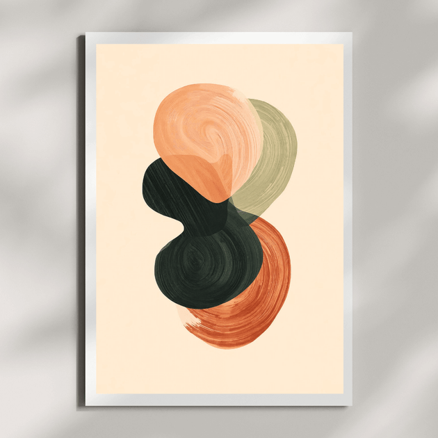 Abstraktes Boho Poster A4 mit organischen Formen in Beige, Salbei und Terracotta auf hellem Hintergrund.