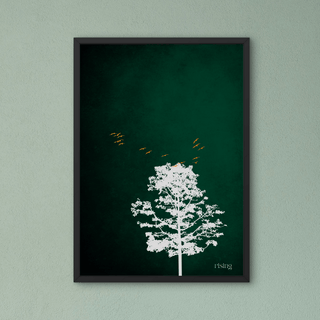 Moderne Natur Kunstdrucke - A4 Calm Collection mit minimalistischer Baumdarstellung auf grünem Hintergrund.