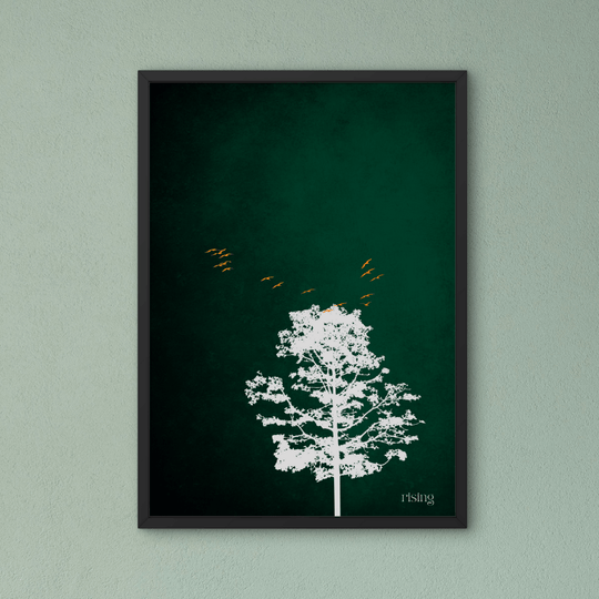 Moderne Natur Kunstdrucke - A4 Calm Collection mit minimalistischer Baumdarstellung auf grünem Hintergrund.