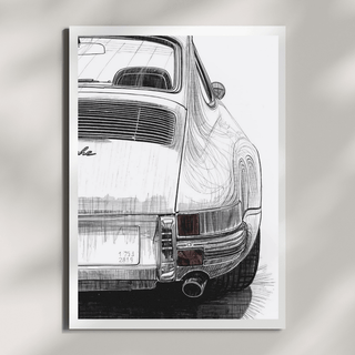 Porsche 911 G-Modell Kunstdruck, fotorealistischer Kunstdruck in Schwarz-Weiß mit eleganter Silhouette.