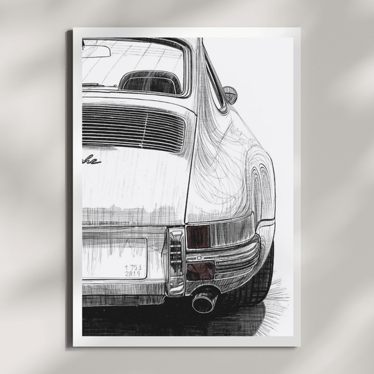 Porsche 911 G-Modell Kunstdruck, fotorealistischer Kunstdruck in Schwarz-Weiß mit eleganter Silhouette.