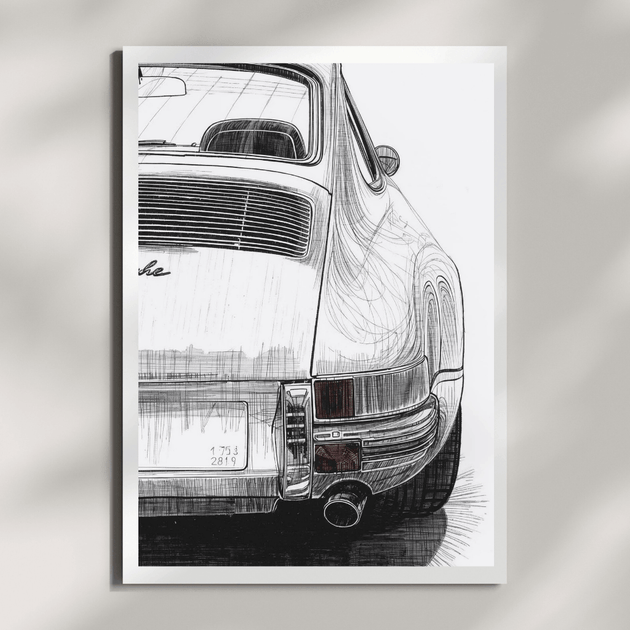 Porsche 911 G-Modell Kunstdruck, fotorealistischer Kunstdruck in Schwarz-Weiß mit eleganter Silhouette.