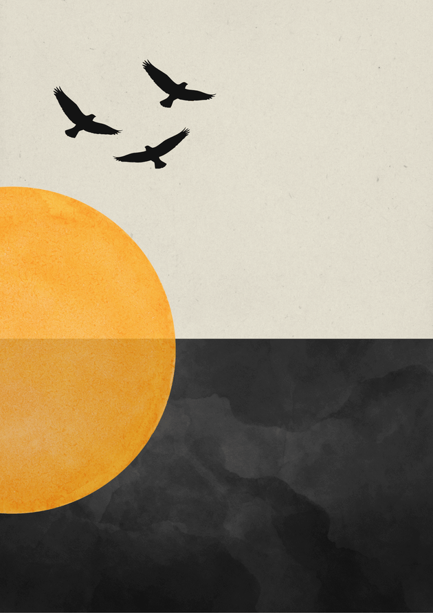 Zen Wandbild A4 mit einer orangefarbenen Sonne und Vögeln auf minimalistischer, erdiger Hintergrundgestaltung.