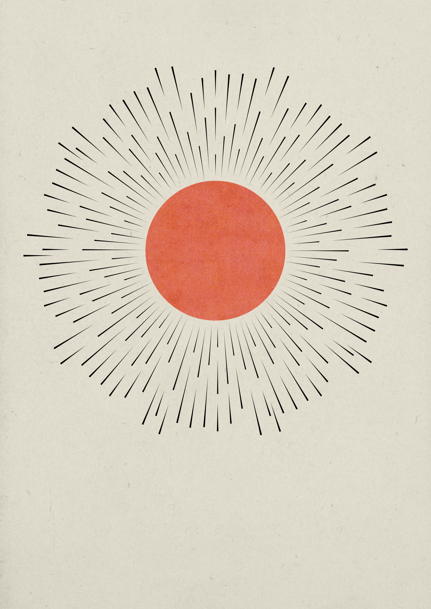 Minimalistisches Zen Wandbild – stilisierte Sonne mit Strahlen in A4 Format, modern und klar.