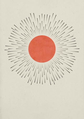 Minimalistisches Zen Wandbild – stilisierte Sonne mit Strahlen in A4 Format, modern und klar.