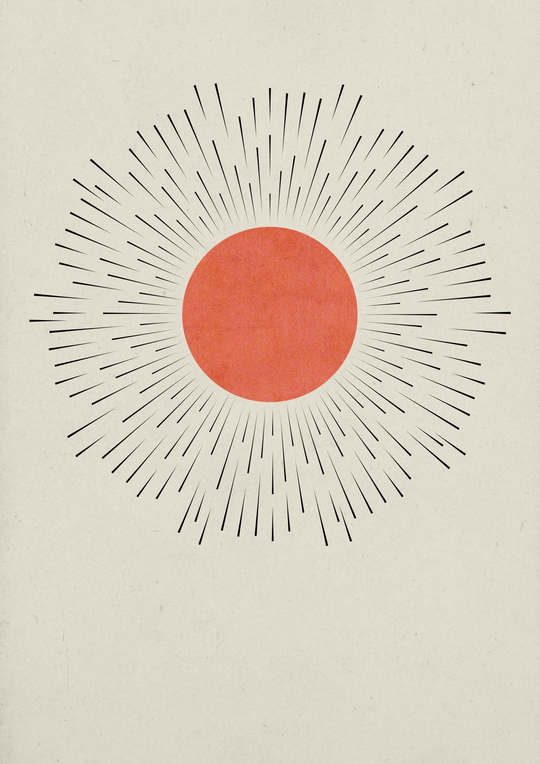 Minimalistisches Zen Wandbild – stilisierte Sonne mit Strahlen in A4 Format, modern und klar.