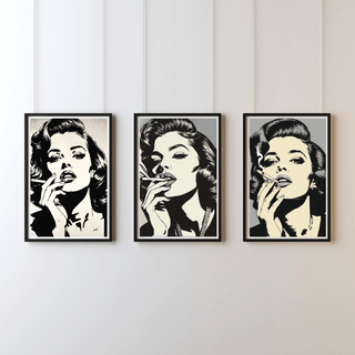Pop Art Poster Set A4 (3er) – Minimalistische Vintage Kunstdrucke Schwarz Weiß, drei stilvolle Frauenportraits.