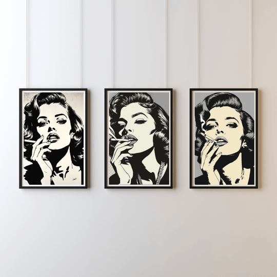 Pop Art Poster Set A4 (3er) – Minimalistische Vintage Kunstdrucke Schwarz Weiß, drei stilvolle Frauenportraits.