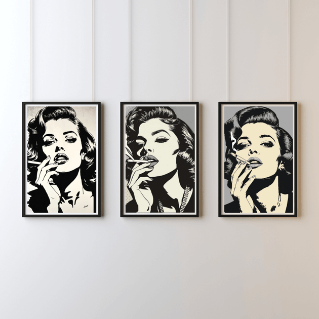 Pop Art Poster Set A4 (3er) – Minimalistische Vintage Kunstdrucke Schwarz Weiß, drei stilvolle Frauenportraits.