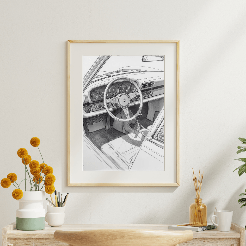 Porsche 911 G-Modell Kunstdruck 3er-Set – Innenansicht des Cockpits in einem Rahmen.