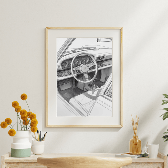 Porsche 911 G-Modell Kunstdruck 3er-Set – Innenansicht des Cockpits in einem Rahmen.