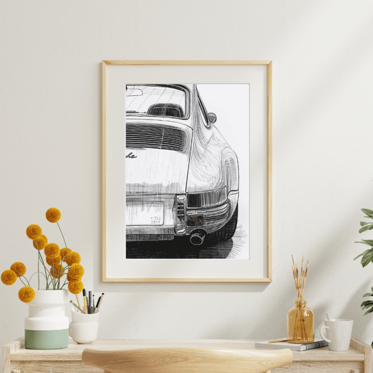 Porsche 911 G-Modell Kunstdruck A4 im minimalistischen Schwarz-Weiß-Stil mit starkem Kontrast.
