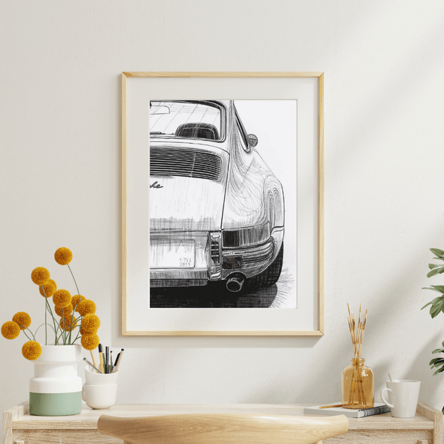 Porsche 911 G-Modell Kunstdruck A4 im minimalistischen Schwarz-Weiß-Stil mit starkem Kontrast.