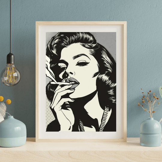 Pop Art Poster Set A4 (3er) – Minimalistische Vintage Kunstdrucke Schwarz Weiß, stilvolles Frauenportrait mit Zigarette.
