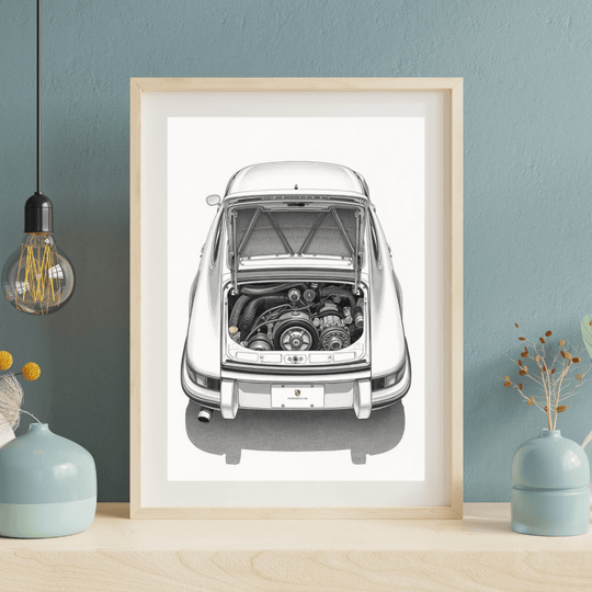 Porsche 911 G-Modell Kunstdruck 3er-Set – Detailansicht des Motors eines Porsche 911 im A4-Format.