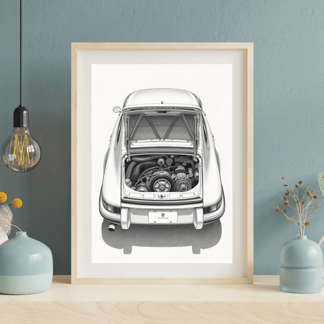 Porsche 911 G-Modell Kunstdruck 3er-Set – Detailansicht des Motors eines Porsche 911 im A4-Format.
