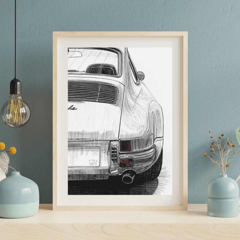 Porsche 911 G-Modell Kunstdruck A4 – mattes Premium-Poster im minimalistischen Schwarz-Weiß-Stil.