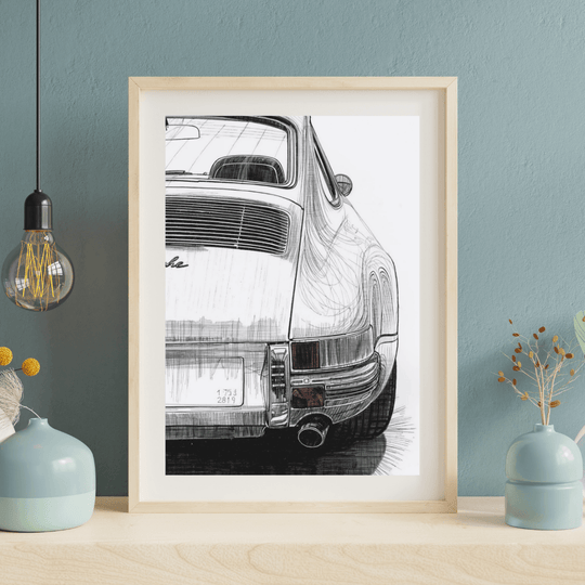 Porsche 911 G-Modell Kunstdruck A4 – mattes Premium-Poster im minimalistischen Schwarz-Weiß-Stil.