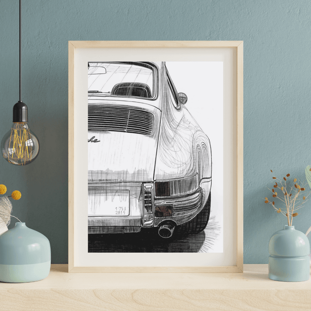 Porsche 911 G-Modell Kunstdruck A4 – mattes Premium-Poster im minimalistischen Schwarz-Weiß-Stil.