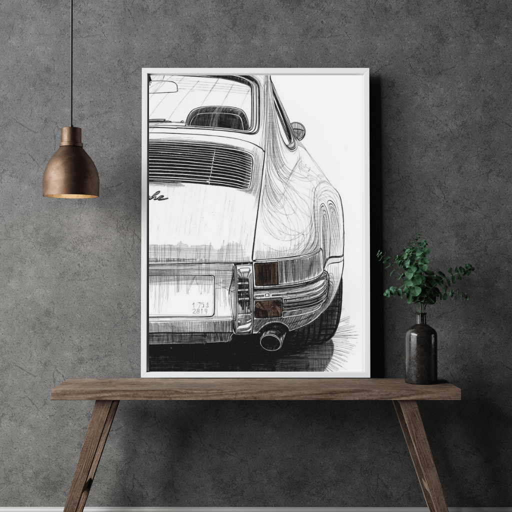 Porsche 911 G-Modell Kunstdruck im minimalistischen Raum mit tiefen Kontrasten und detailreicher Darstellung.