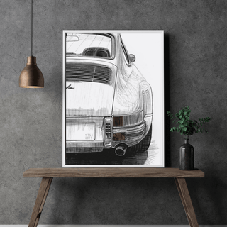 Porsche 911 G-Modell Kunstdruck im minimalistischen Raum mit tiefen Kontrasten und detailreicher Darstellung.