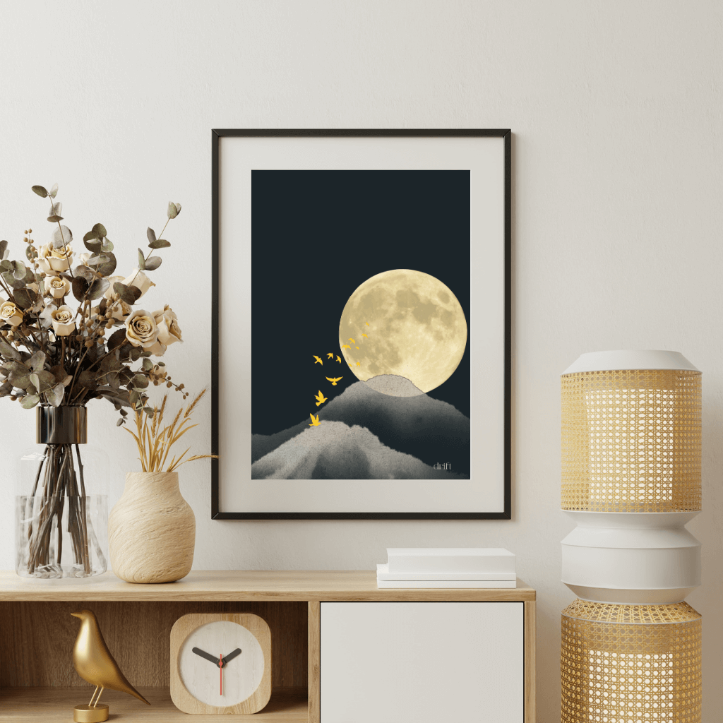 Kunstdruck Poster A4 – drift | moderne minimalistische Wandkunst im modernen Wohnambiente mit Mond und Vögeln.