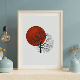 Zen Wandbild Baum & Sonne A4 – Japandi Natur Poster als minimalistisches Wandbild im modernen Raum.