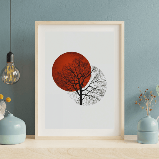 Zen Wandbild Baum & Sonne A4 – Japandi Natur Poster als minimalistisches Wandbild im modernen Raum.