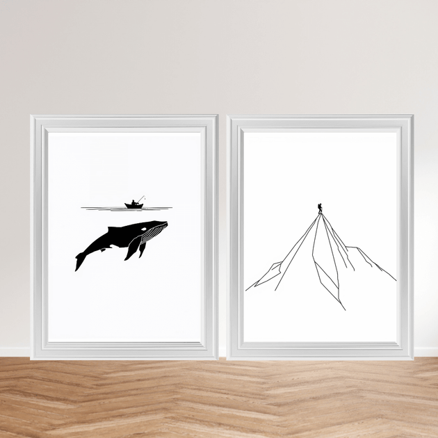 Minimalistisches Poster Set – Wal & Berge A4 mit Wal unter Fischerboot und Berggipfel mit Wanderer.