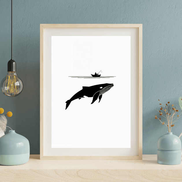 Minimalistisches Poster Set – Wal unter einem Fischerboot in klarem Schwarz-Weiß Design, ideal für moderne Wohnstile.