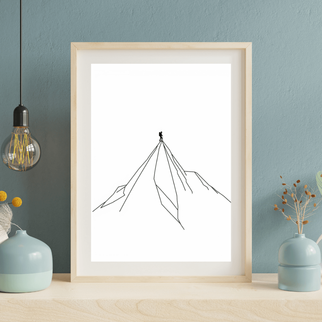 Minimalistisches Poster Set – Wal & Berge A4, minimalistisches Bergdesign mit Wanderer in Schwarz-Weiß.