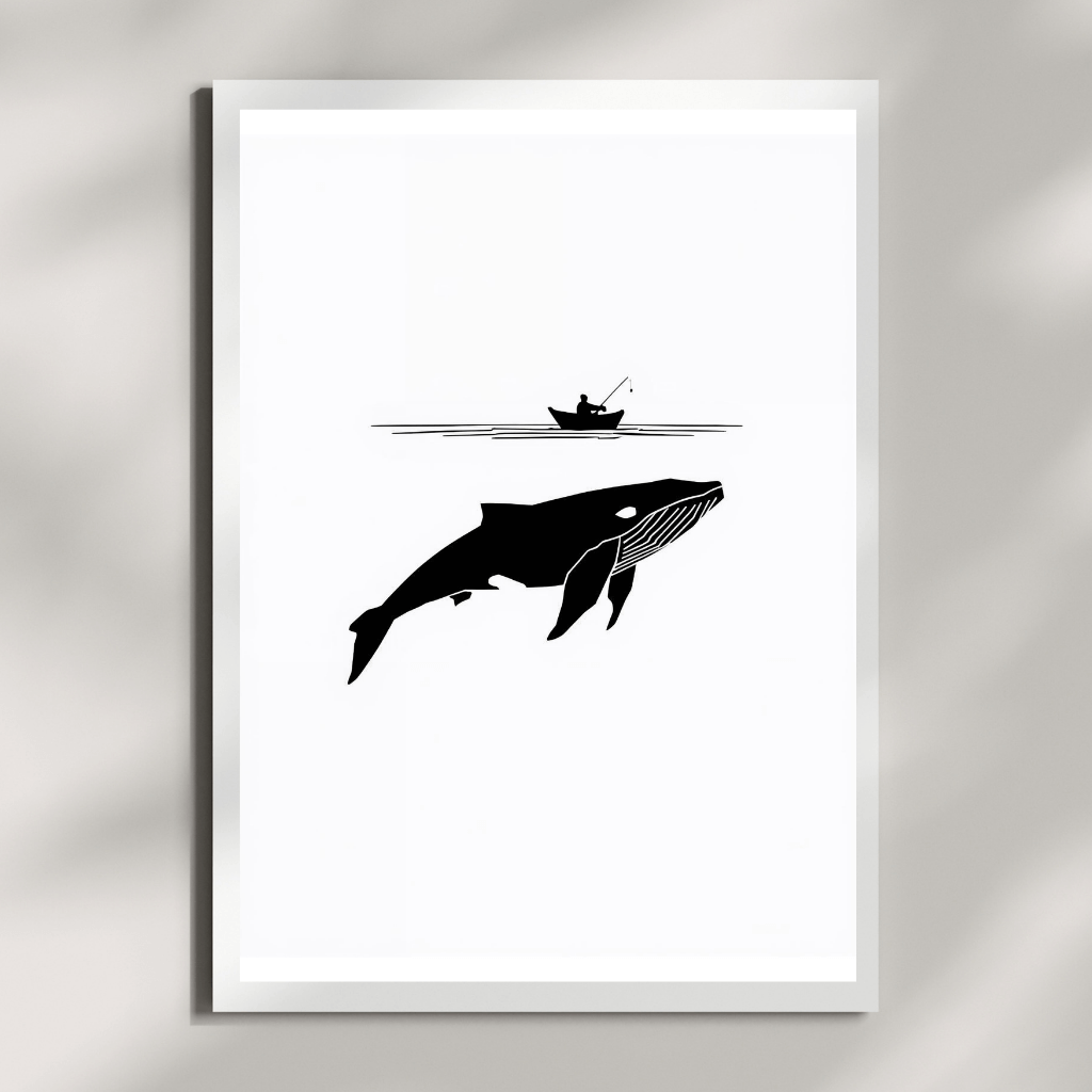 Minimalistisches Poster Set – Wal und Fischerboot in Schwarz-Weiß Design, ideal für skandinavische Wohnstile.