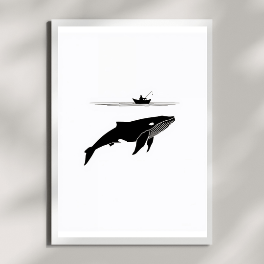 Minimalistisches Poster Set – Wal und Fischerboot in Schwarz-Weiß Design, ideal für skandinavische Wohnstile.