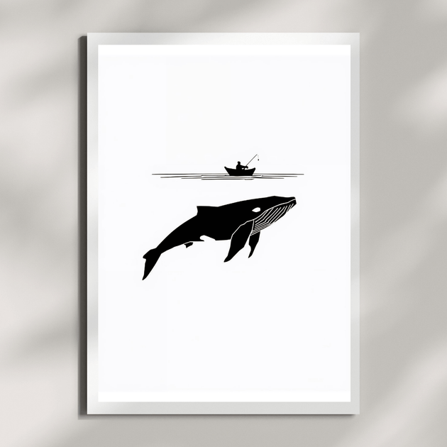 Minimalistisches Poster Set – Wal und Fischerboot in Schwarz-Weiß Design, ideal für skandinavische Wohnstile.