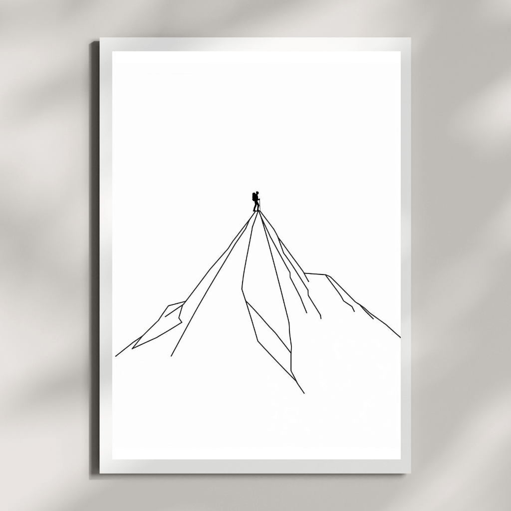 Minimalistisches Poster Set – Berg mit Wanderer auf dem Gipfel in klarem, reduziertem Design.