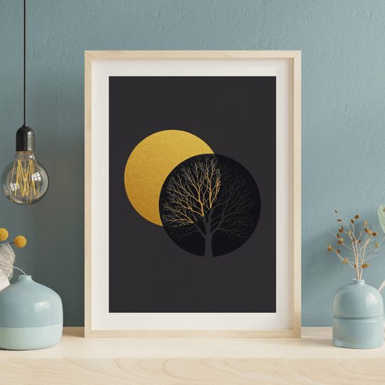 Boho Wandbild Gold Baum Schwarz A4 – Luxus Natur Poster in elegantem Schwarz mit goldenen Kreisen und Baum.