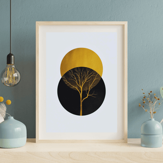 Boho Wandbild Gold Baum A4 – Minimalistisches Natur Poster mit goldenen Baum und geometrischen Kreisformen