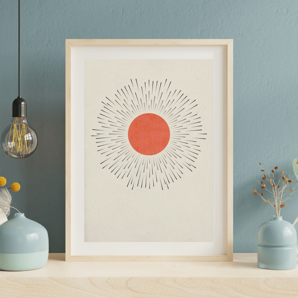 Minimalistisches Zen Wandbild Sonne – Japandi Poster A4 in moderner Einrichtung mit stilisierter Sonne.
