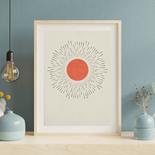 Minimalistisches Zen Wandbild Sonne – Japandi Poster A4 in moderner Einrichtung mit stilisierter Sonne.